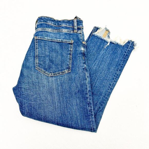 Zara The Dreed Flare Raw Hem Button Fly Med-Dark Wash Denim Jeans Size 12 - Picture 8 of 8